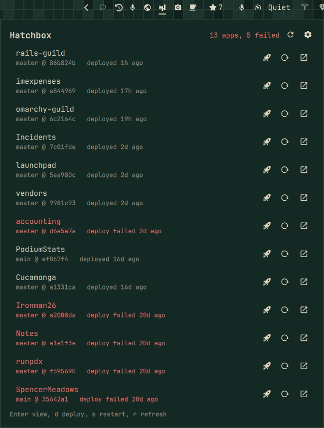 The Omarchy Hatchbox plugin listing every app with deploy, restart, and open buttons